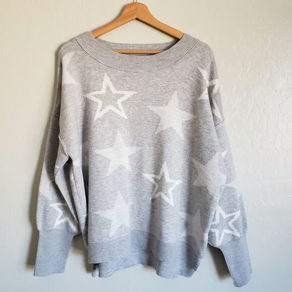 SO Sweaters - SO Star Printed Knit Boxy Oversized Sweater Grey/White Size Women's XL Pullover